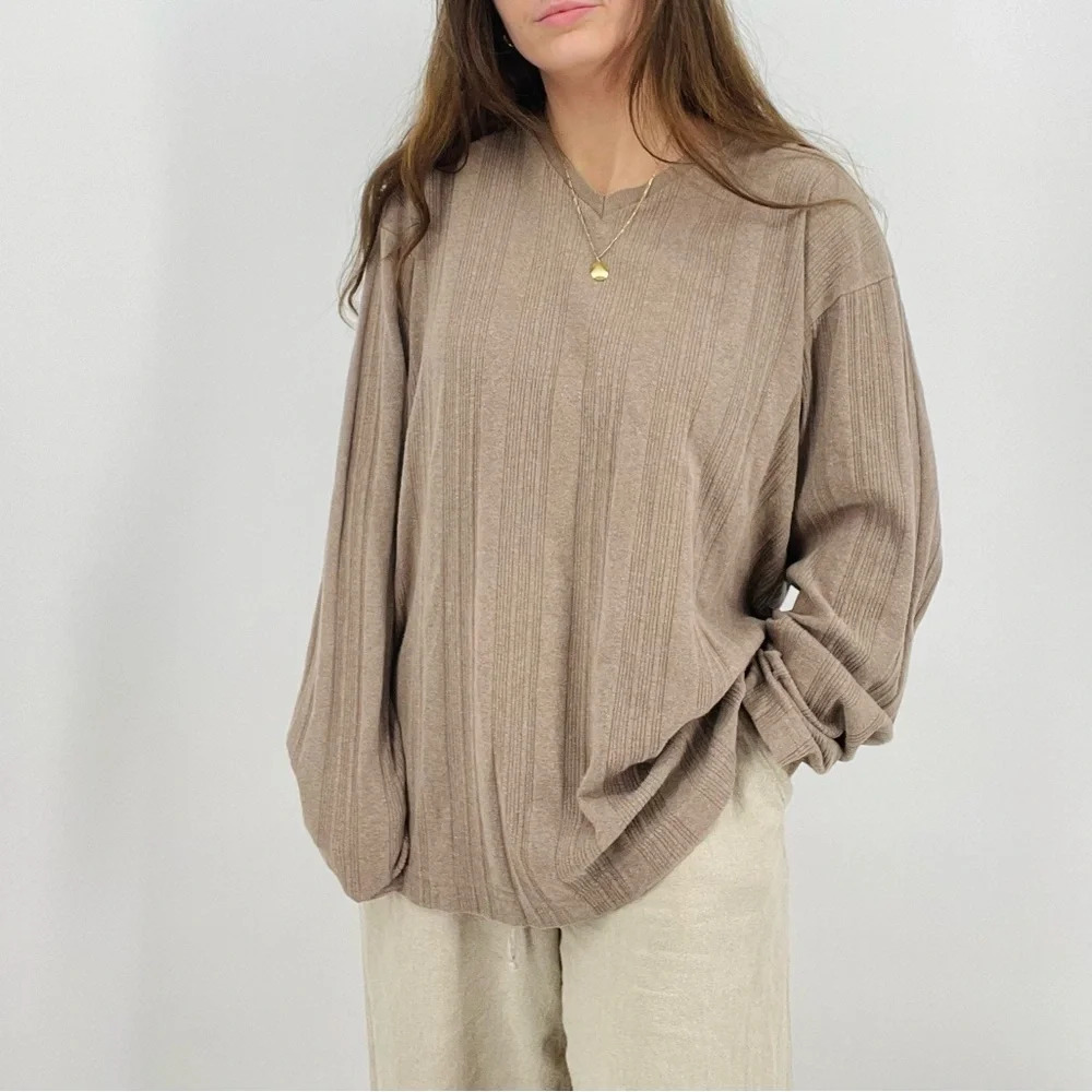 vintage boho slouchy minimalist ribbed oversized shirt dusty taupe brown XL
